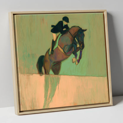 Suspension in Sage show jumping horse canvas wall art in natural frame