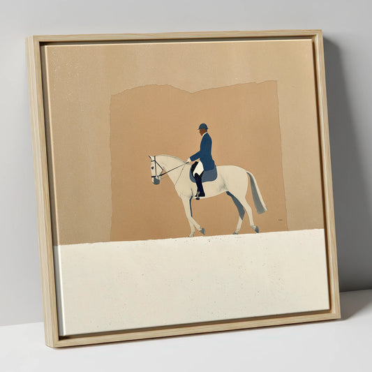 The Collected Grey dressage horse canvas wall art in natural frame