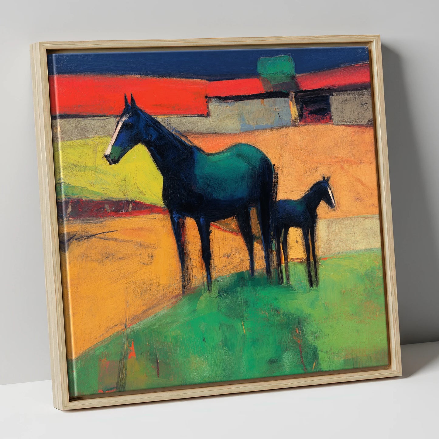 Midnight Sapphire Bond mare & foal canvas wall art in natural frame