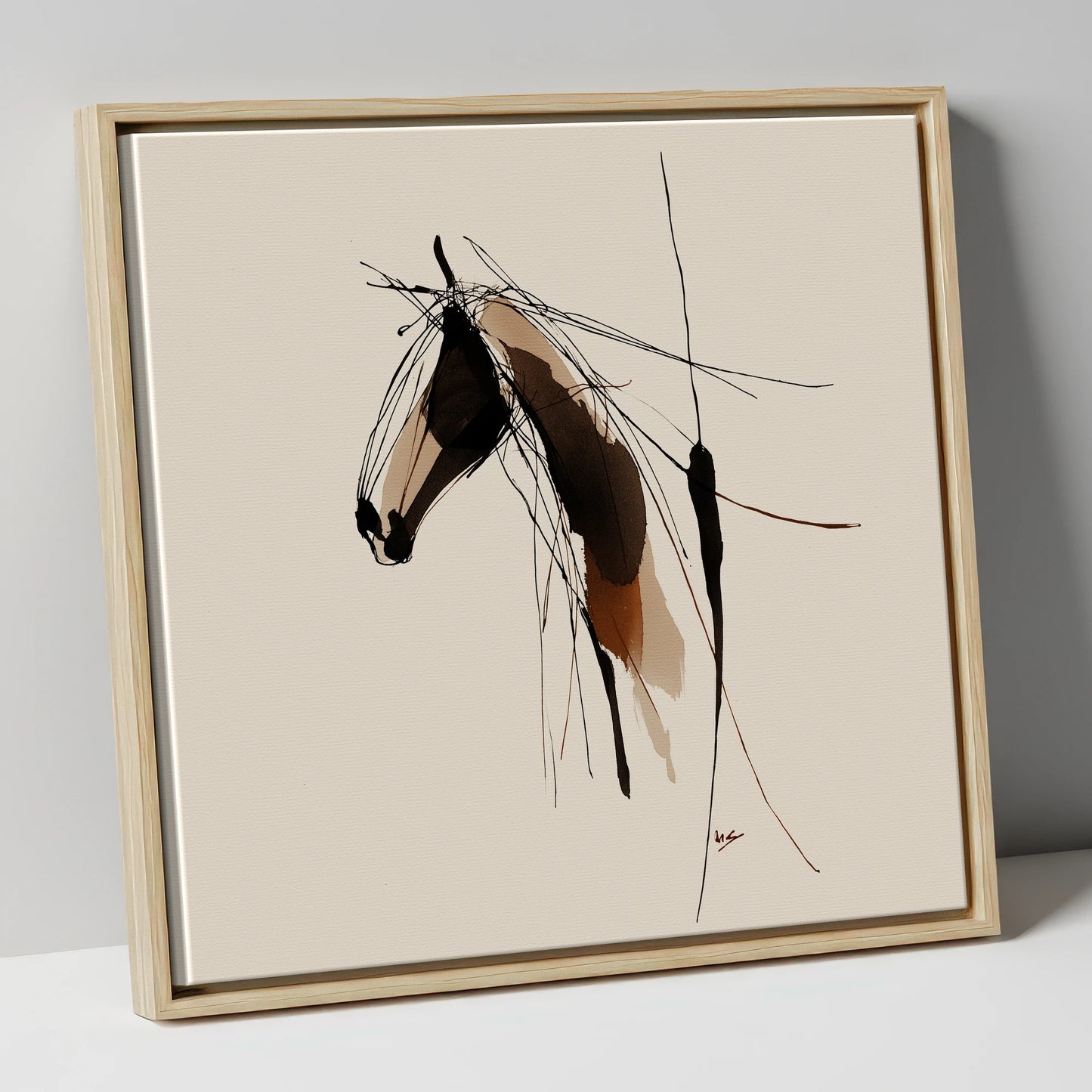 Fluid Grace horse portrait canvas wall art in natural frame
