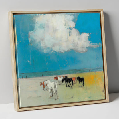 Turquoise Horizon Herd horse landscape canvas wall art in natural frame