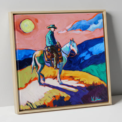Technicolour Trail Rider western horse canvas wall art in natural frame