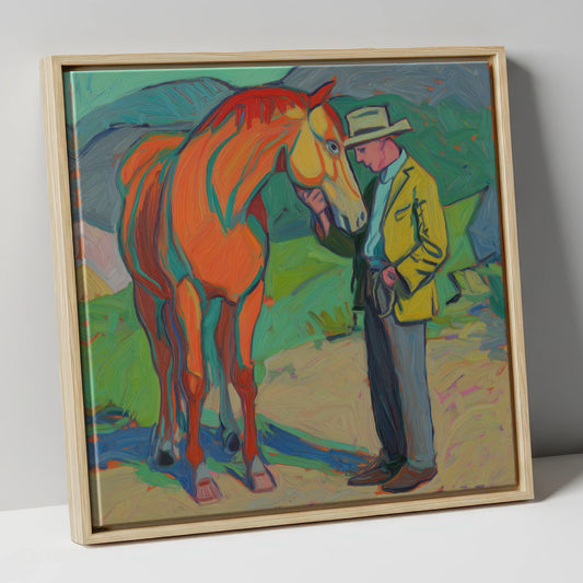 Vibrant Companionship horse & rider canvas wall art in natural frame