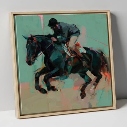 Modern Showjumper show jumping horse canvas wall art in natural frame