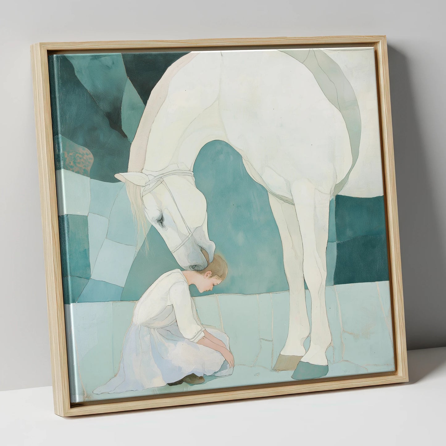 The Gentle Guardian horse & rider canvas wall art in natural frame