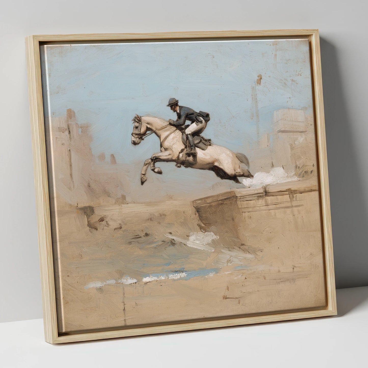 Clearing the Bank show jumping horse canvas wall art in natural frame