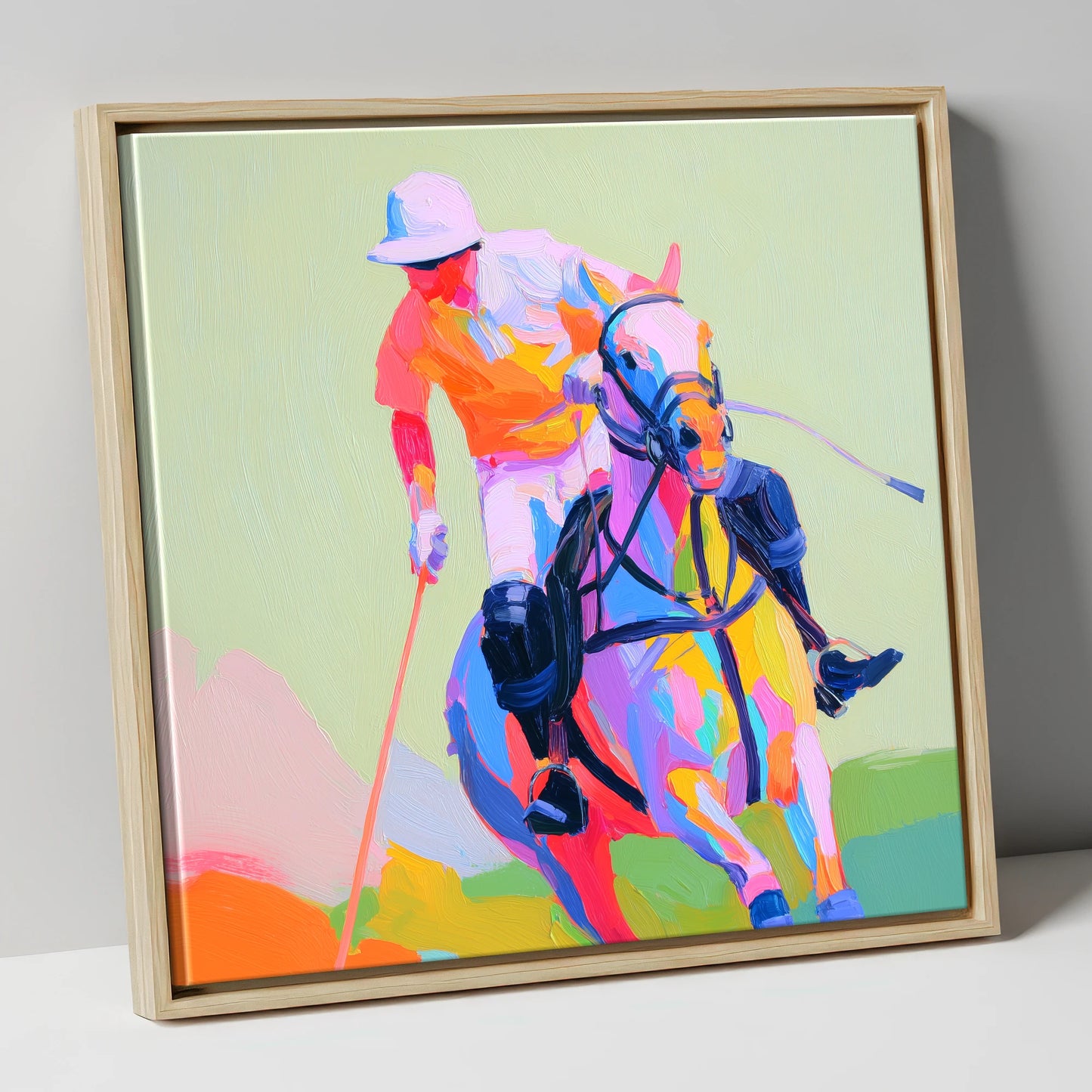 Technicolour Drive polo horse canvas wall art in natural frame