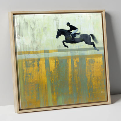 Flight Over Gold show jumping horse canvas wall art in natural frame