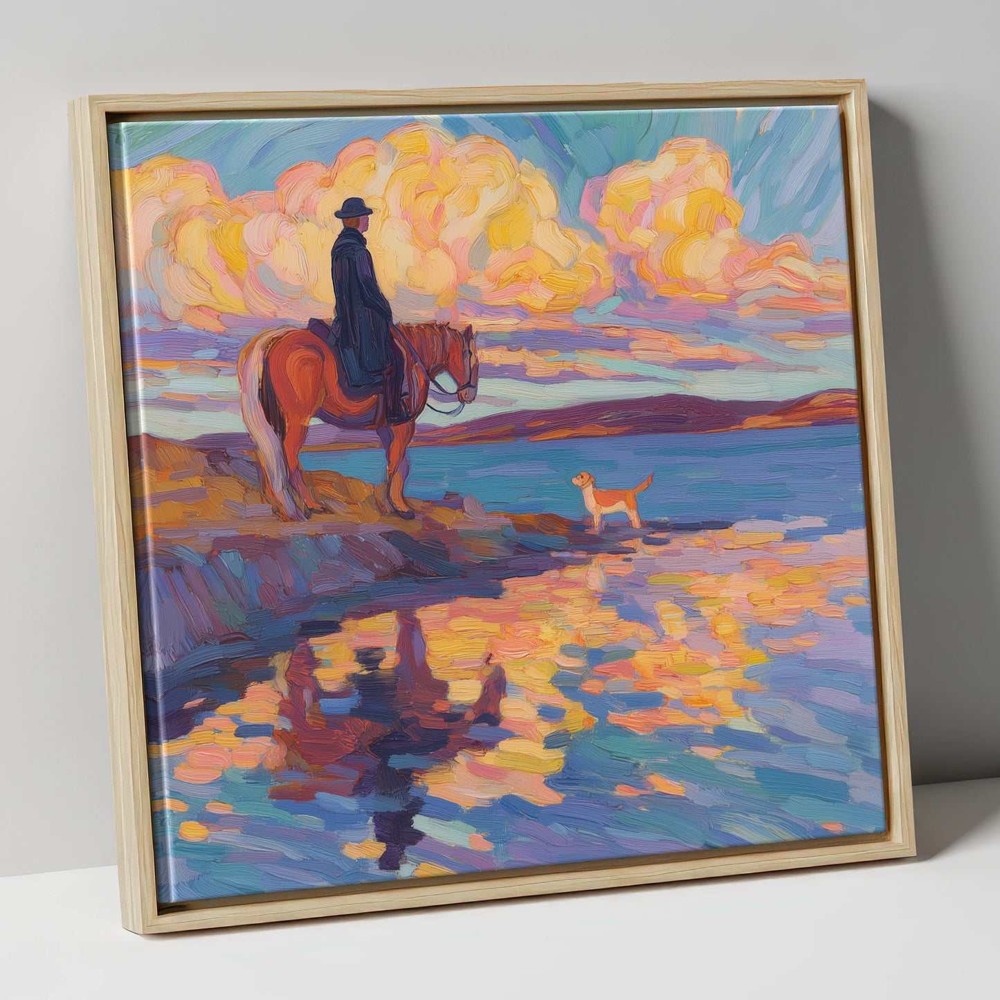 Evening Tide Halt beach horse canvas wall art in natural frame