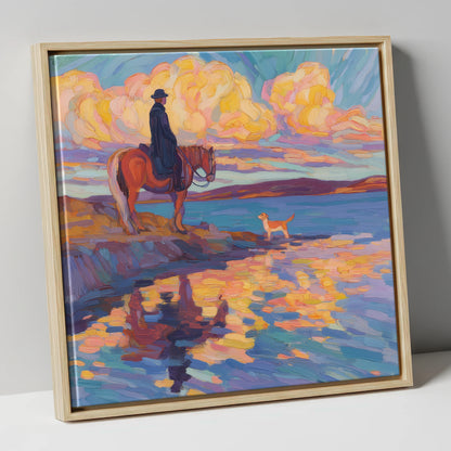 Evening Tide Halt beach horse canvas wall art in natural frame