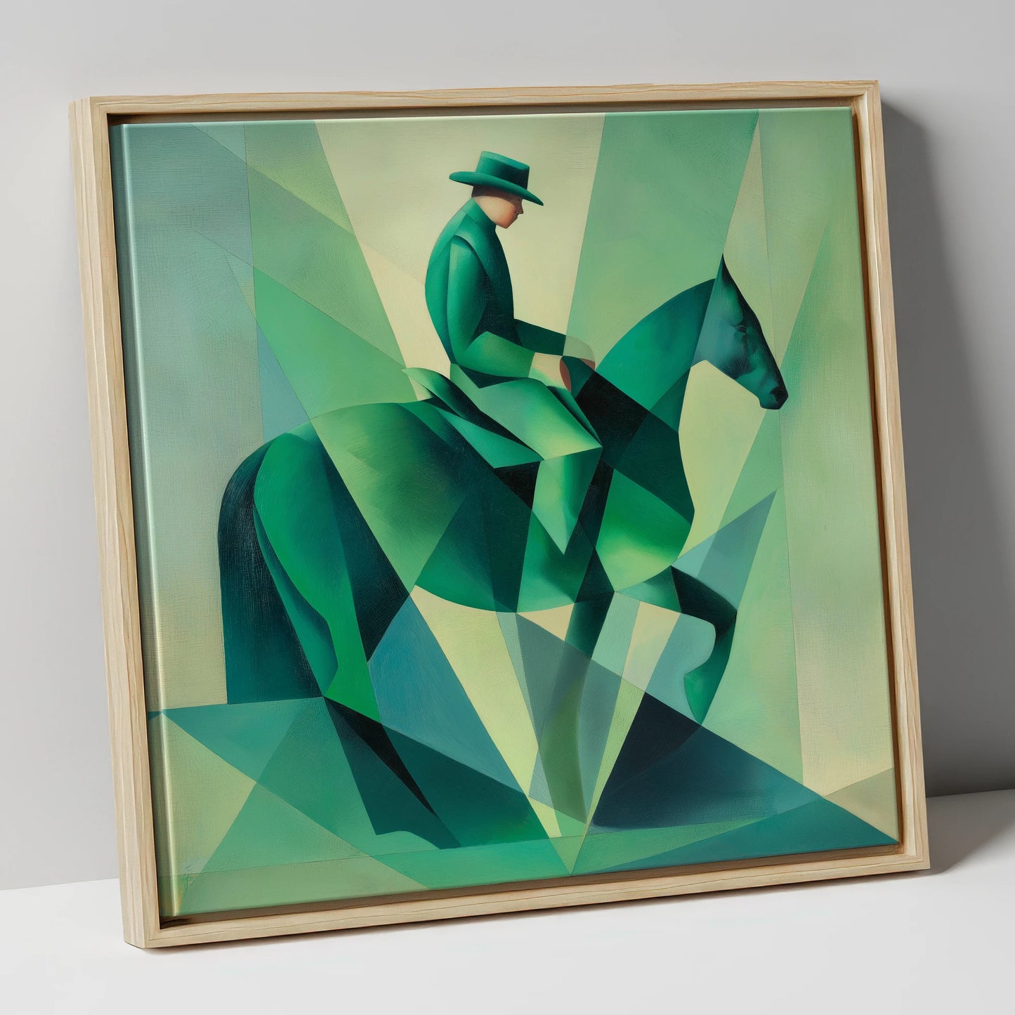 Faceted Emerald Stride western horse canvas wall art in natural frame