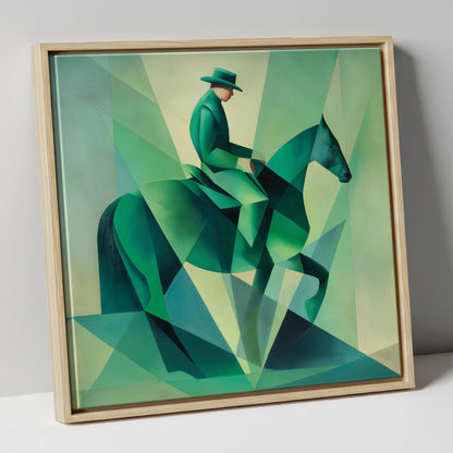 Faceted Emerald Stride western horse canvas wall art in natural frame