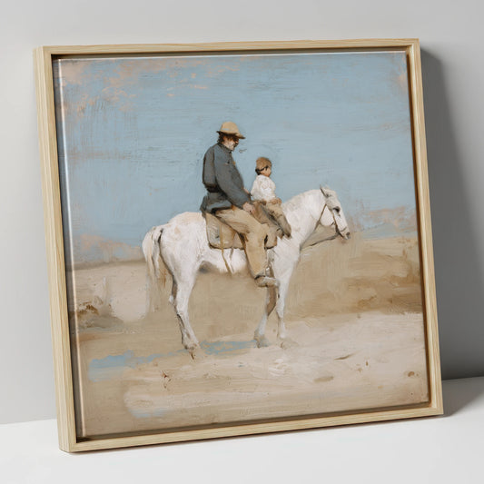 The First Hack horse & rider canvas wall art in natural frame