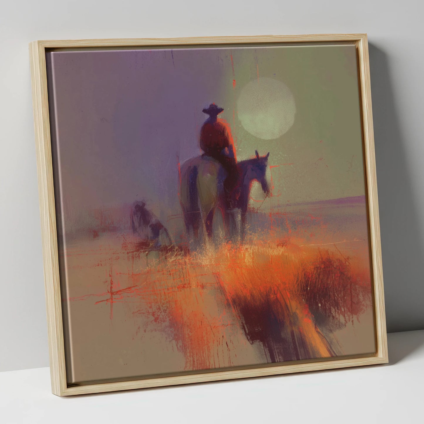 High Plains Sundown western horse canvas wall art in natural frame