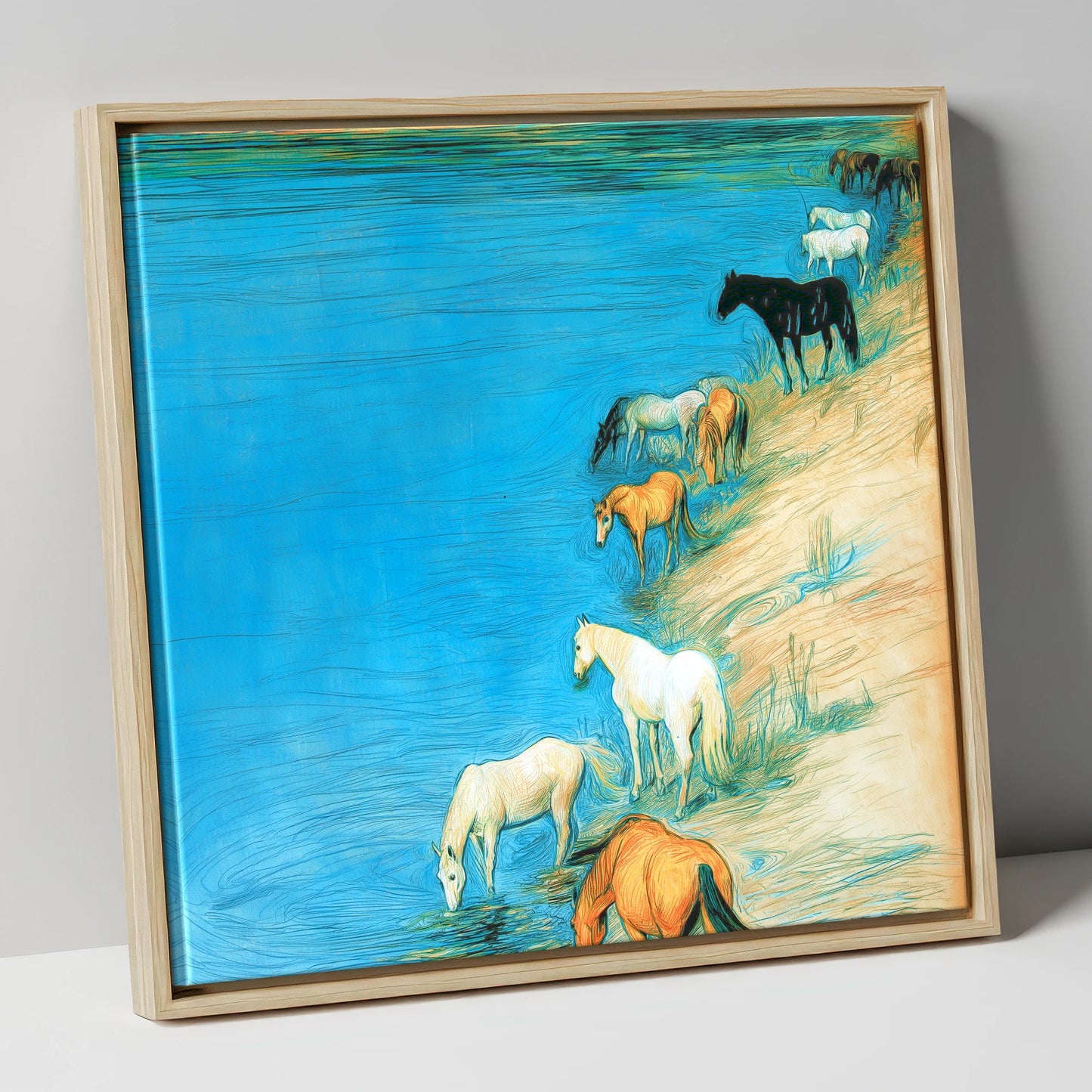 Cerulean River Herd wild horses canvas wall art in natural frame