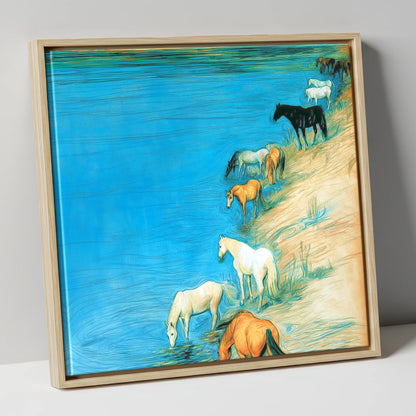 Cerulean River Herd wild horses canvas wall art in natural frame