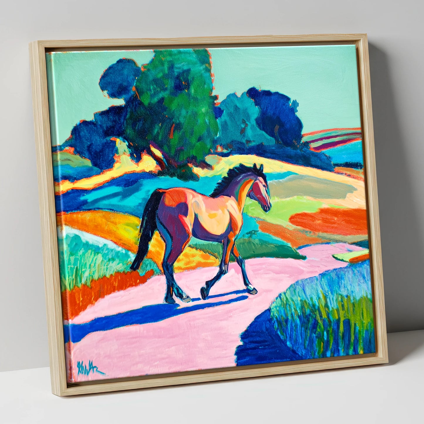 Technicolour Trot horse breed canvas wall art in natural frame