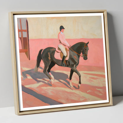 Dusty Pink Shadows dressage horse canvas wall art in natural frame