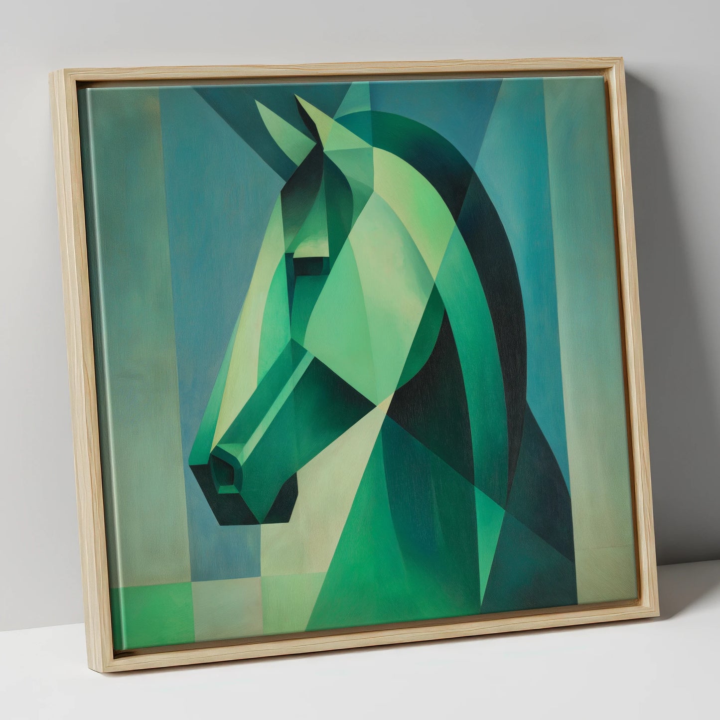 Emerald Geometric Equine horse portrait canvas wall art in natural frame