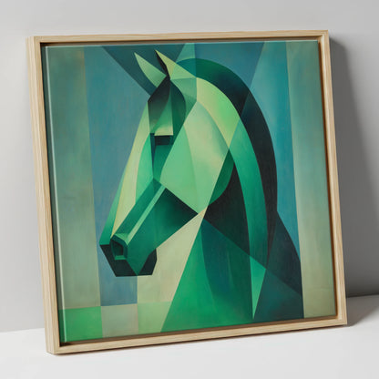 Emerald Geometric Equine horse portrait canvas wall art in natural frame
