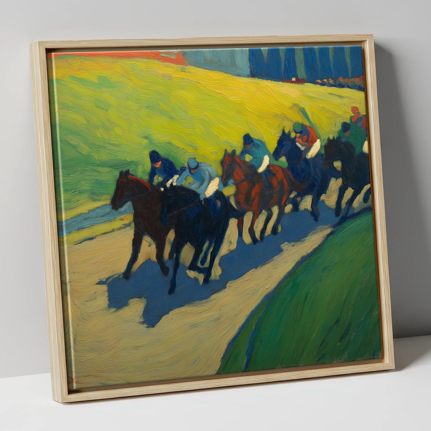 The Final Furlong racing horse canvas wall art in natural frame