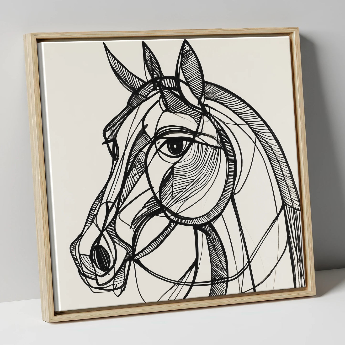 Bold Linear Equine horse portrait canvas wall art in natural frame