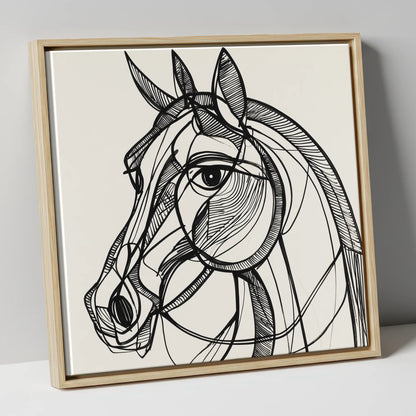 Bold Linear Equine horse portrait canvas wall art in natural frame