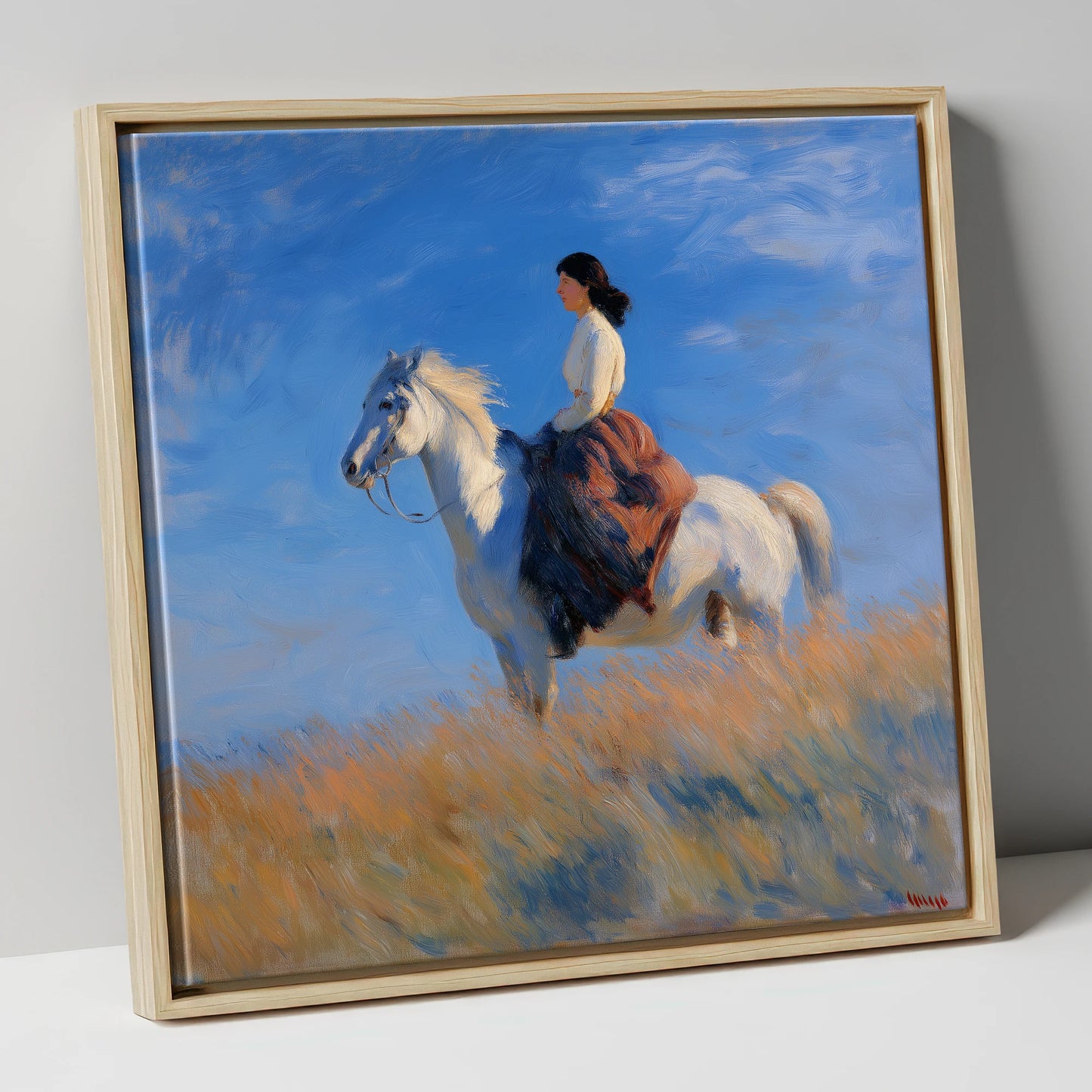 Across the Golden Fields horse & rider canvas wall art in natural frame