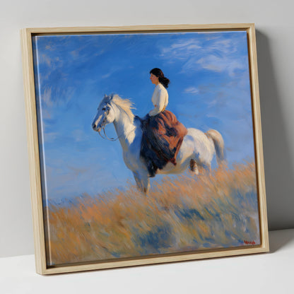 Across the Golden Fields horse & rider canvas wall art in natural frame