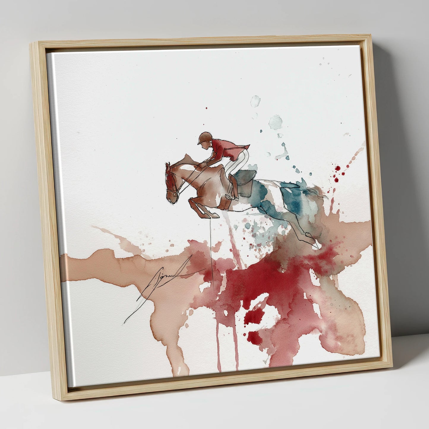Crimson Flight show jumping horse canvas wall art in natural frame