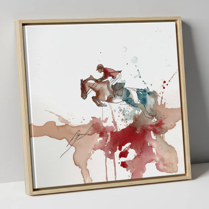 Crimson Flight show jumping horse canvas wall art in natural frame
