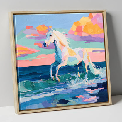 Vibrant Coastal Canter beach horse canvas wall art in natural frame