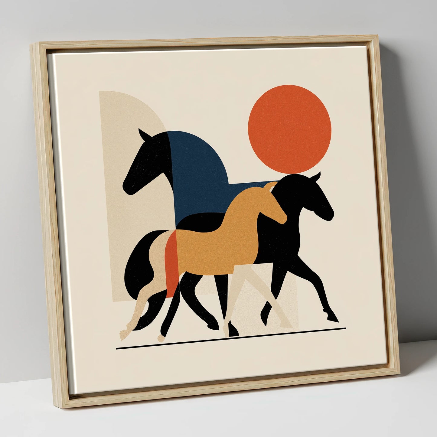 Abstract Equine Trio wild horses canvas wall art in natural frame