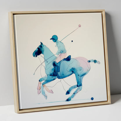 Azure Polo Gallop polo horse canvas wall art in natural frame