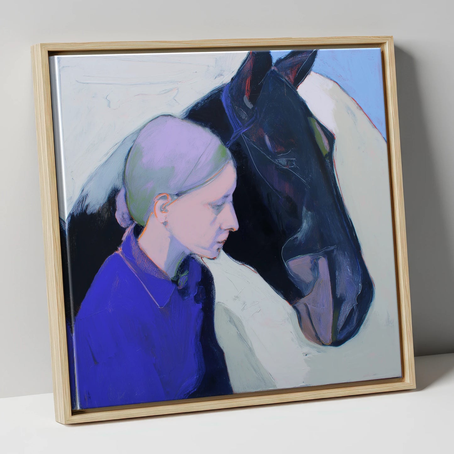 Silent Understanding horse & rider canvas wall art in natural frame