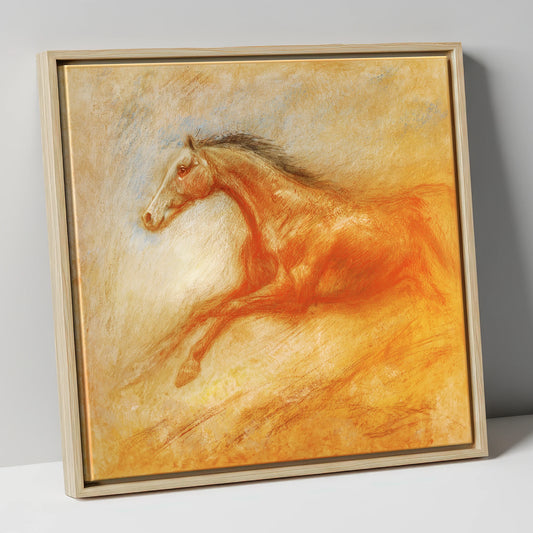 The Golden Gallop racing horse canvas wall art in natural frame