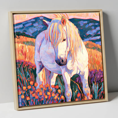 White Horse Among Orange Wildflowers horse breed canvas wall art in natural frame