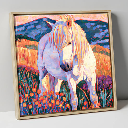 White Horse Among Orange Wildflowers horse breed canvas wall art in natural frame