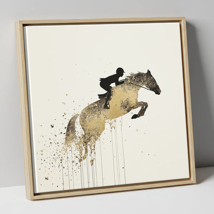 Airborne Gold show jumping horse canvas wall art in natural frame