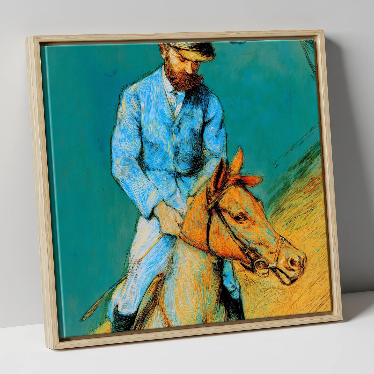 The Cerulean Rider racing horse canvas wall art in natural frame