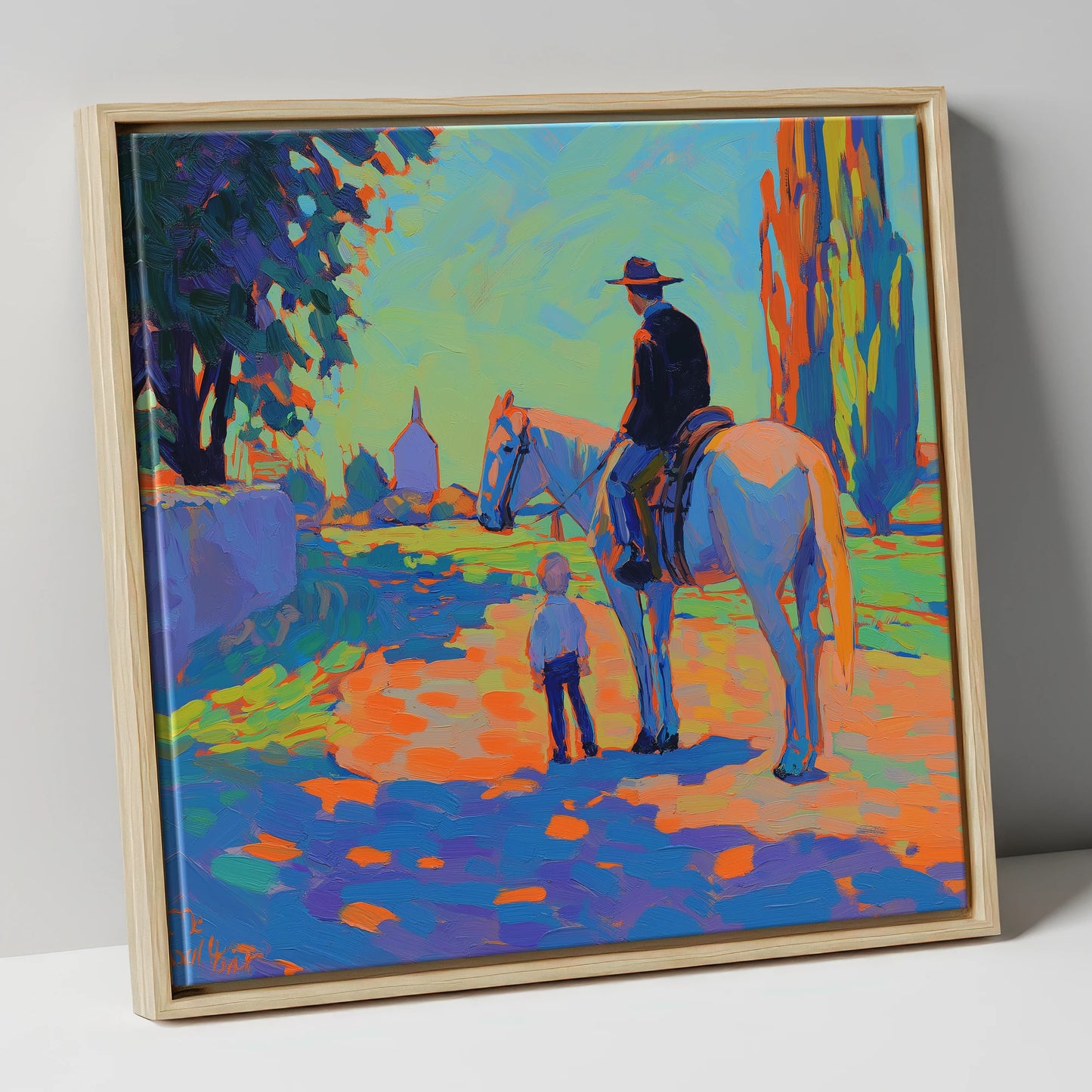 The Young Admirer horse & rider canvas wall art in natural frame