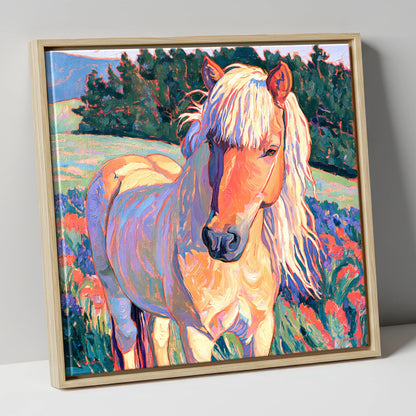 Vibrant Palomino Pony In Meadow horse breed canvas wall art in natural frame
