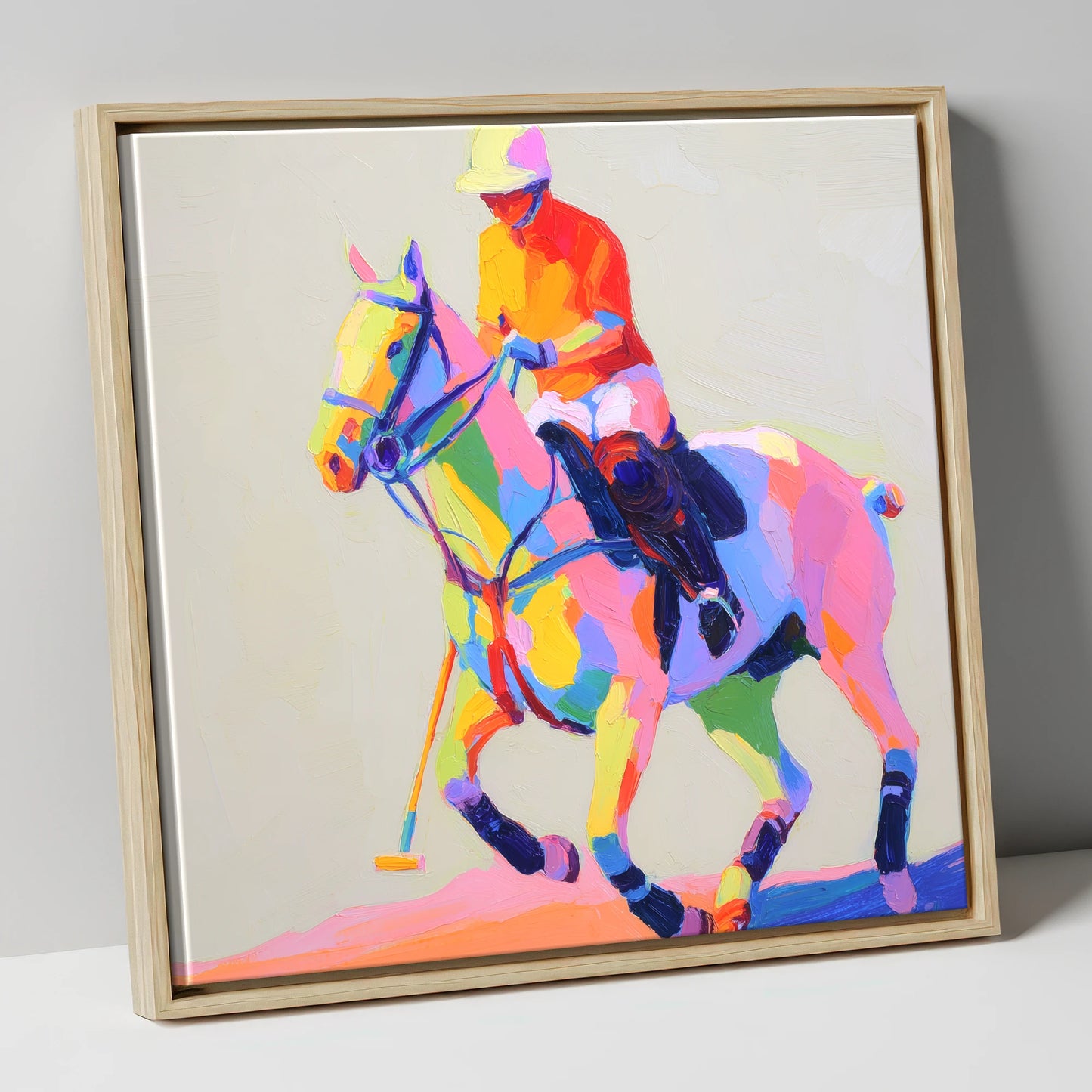 Vibrant Polo Pace polo horse canvas wall art in natural frame