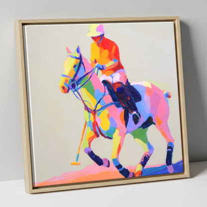 Vibrant Polo Pace polo horse canvas wall art in natural frame