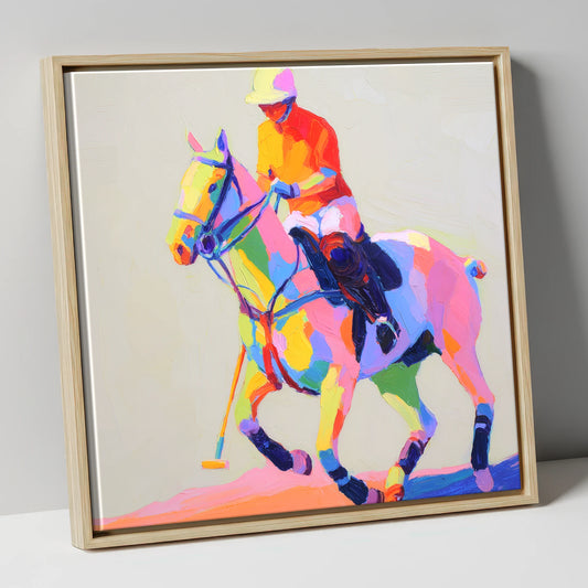 Vibrant Polo Pace polo horse canvas wall art in natural frame