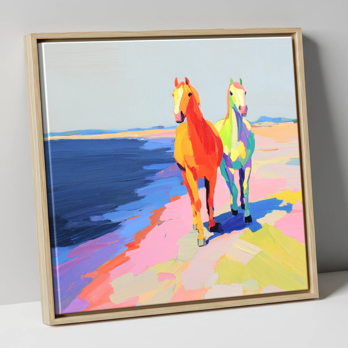 Vibrant Coastal Companions horse landscape canvas wall art in natural frame