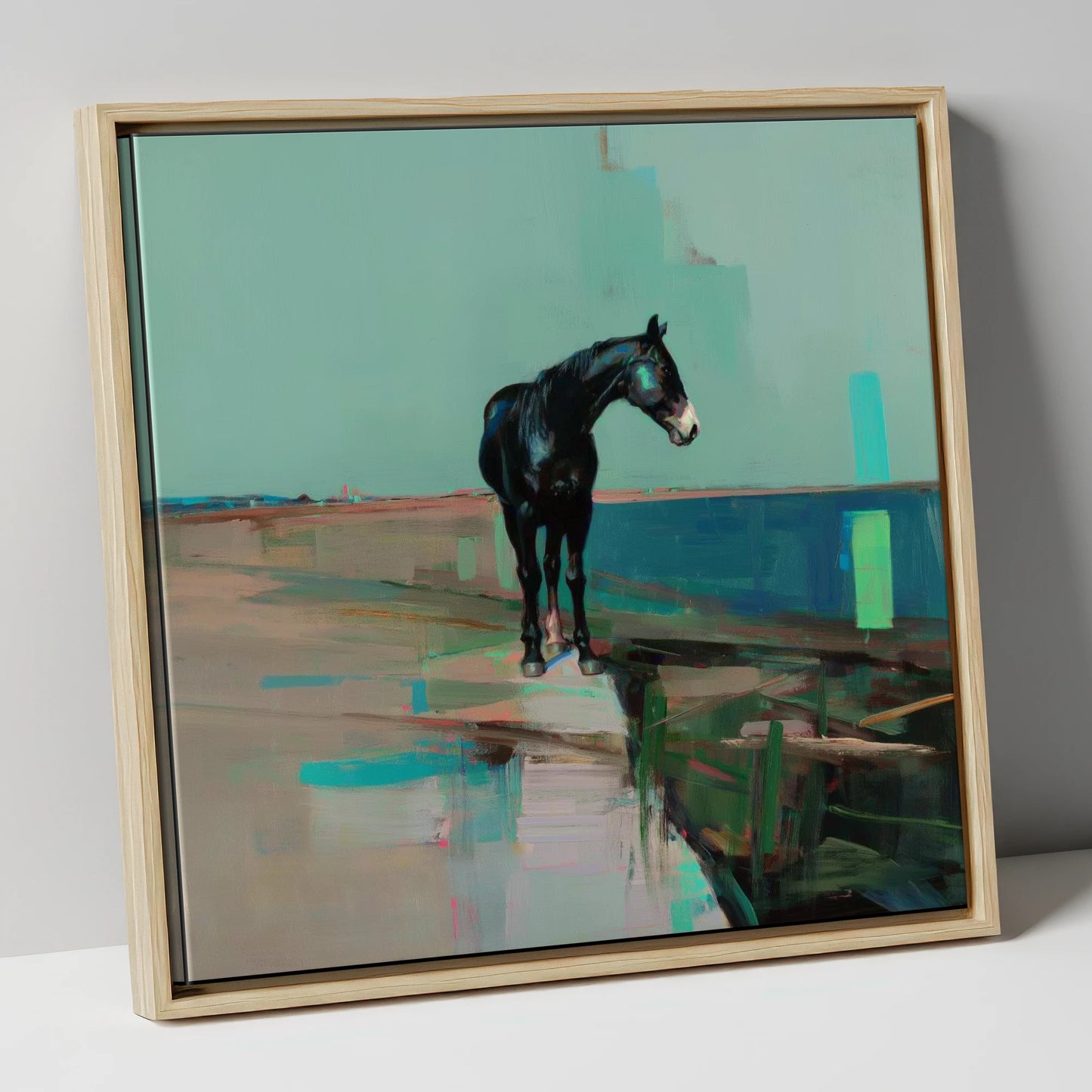 Silent Teal Horizon horse landscape canvas wall art in natural frame