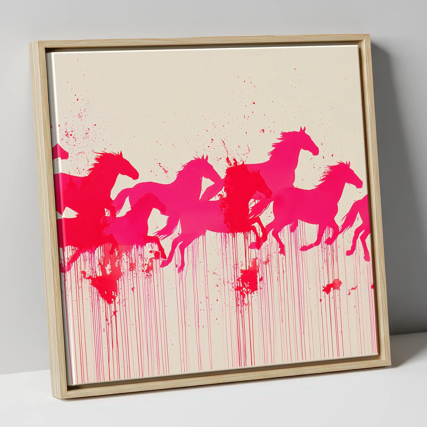 Vivid Magenta Herd wild horses canvas wall art in natural frame