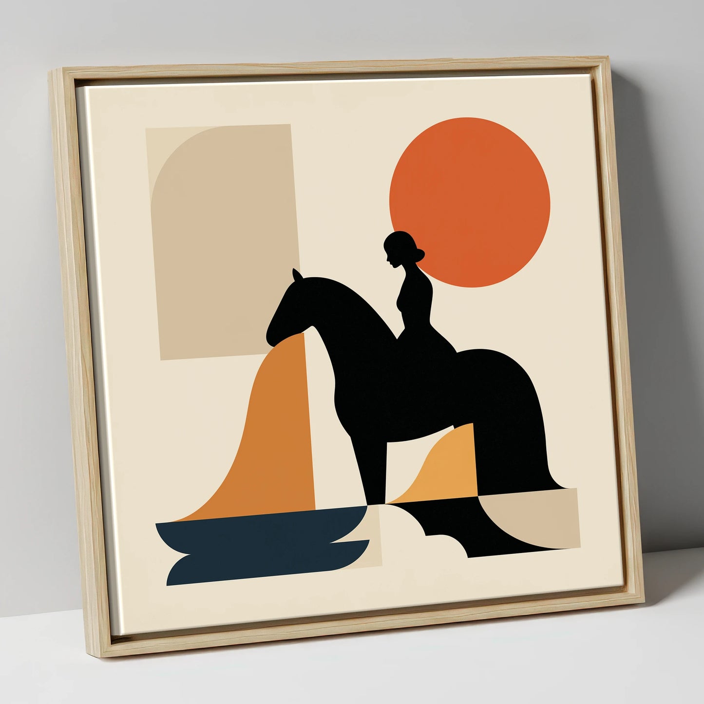 Abstract Equestrian Silhouette horse & rider canvas wall art in natural frame
