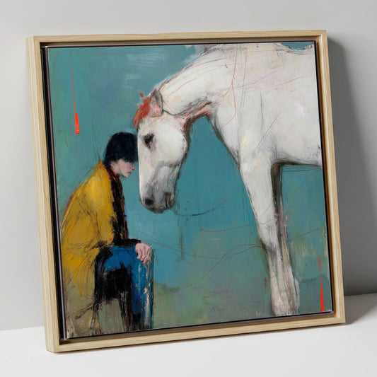 The Quiet Connection horse & rider canvas wall art in natural frame